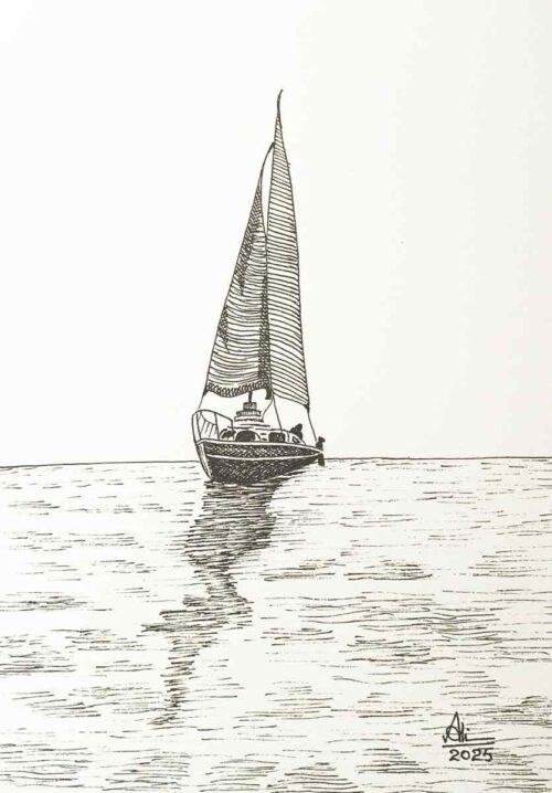 Pen and Ink Sketch of Ship on Paper