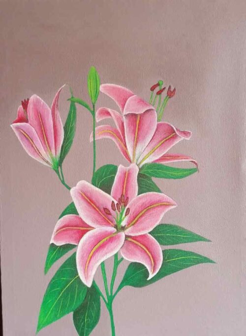 Acrylic painting of vibrant pink lilies on canvas, A3 size, by artist Muhammad Ali Zafar.